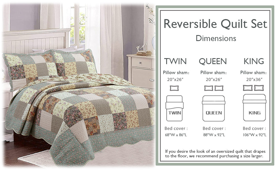 Patchwork quilt set with reversible floral quilt and matching pillow shams in teal and cream