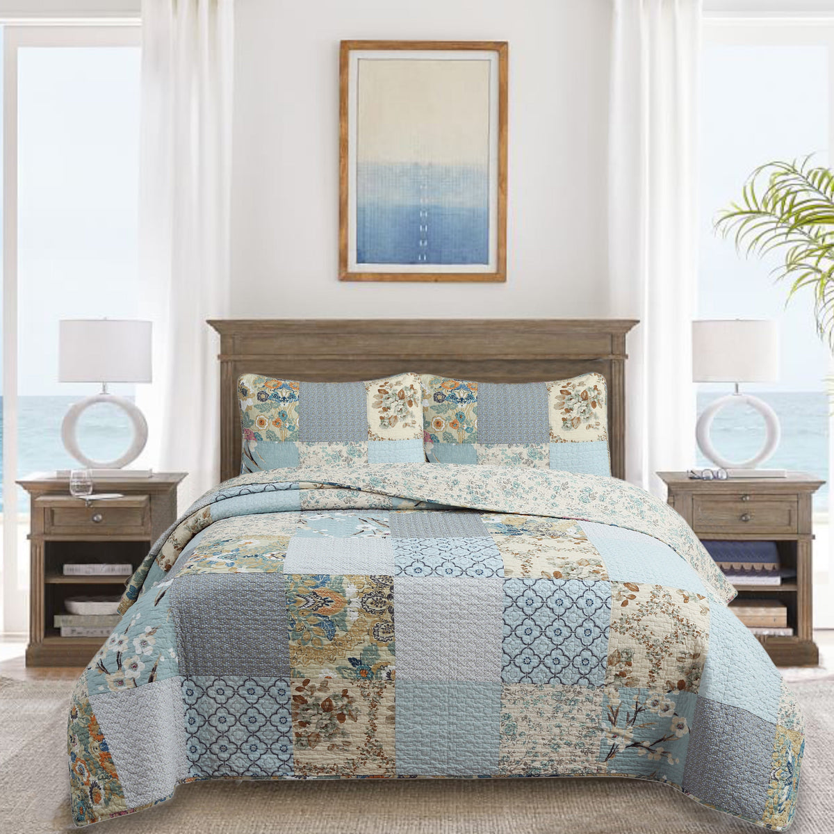 Floral patchwork quilt bedding set in sky blue with matching shams and multicolor squares