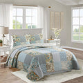 Sky blue patchwork cotton quilt bedding set with floral blocks and ogee-style pattern