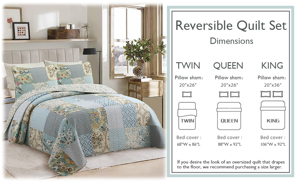 Floral patchwork quilt bedding set on bed with matching shams in sky blue tones
