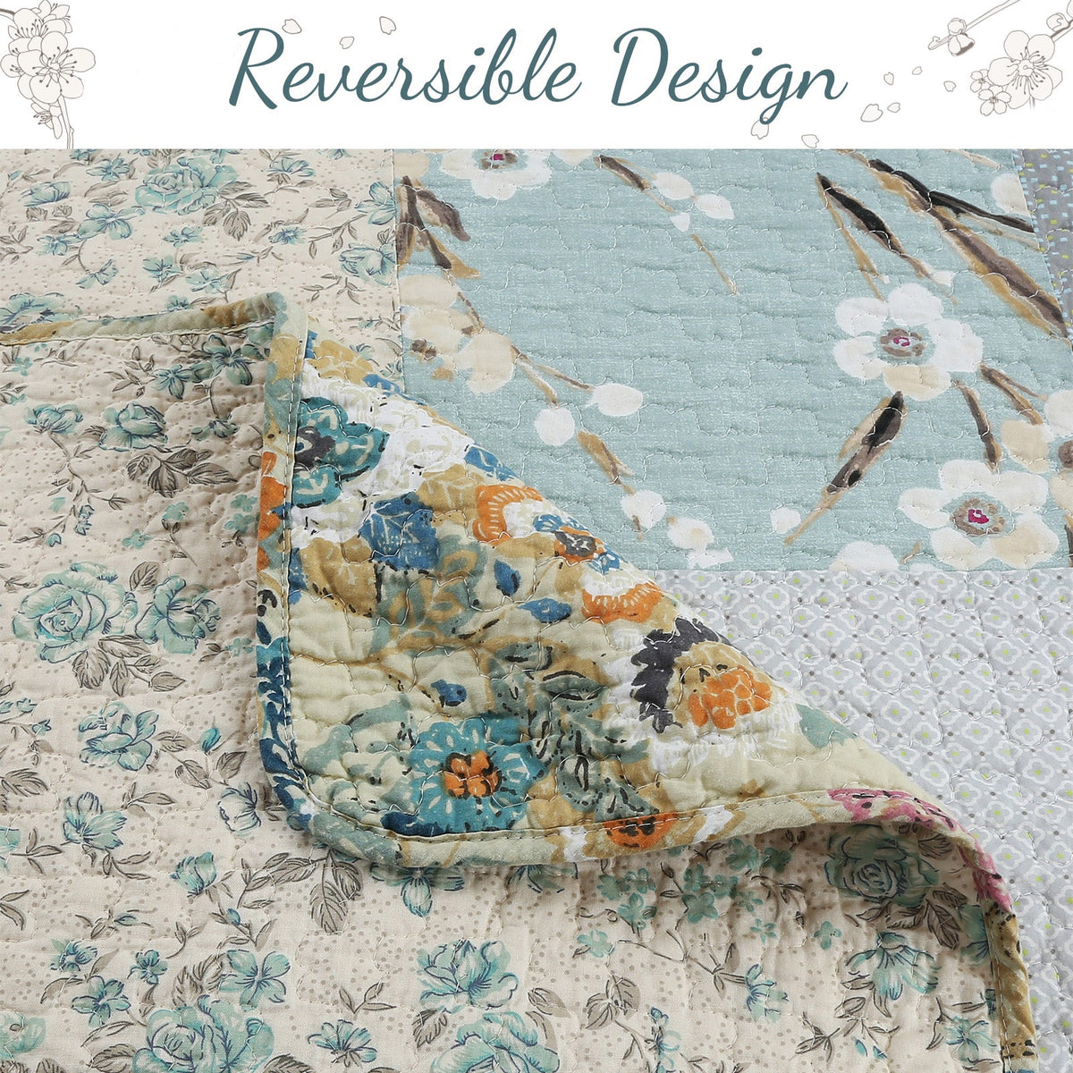 Reversible quilt top with light blue floral print and multicolor patchwork sections