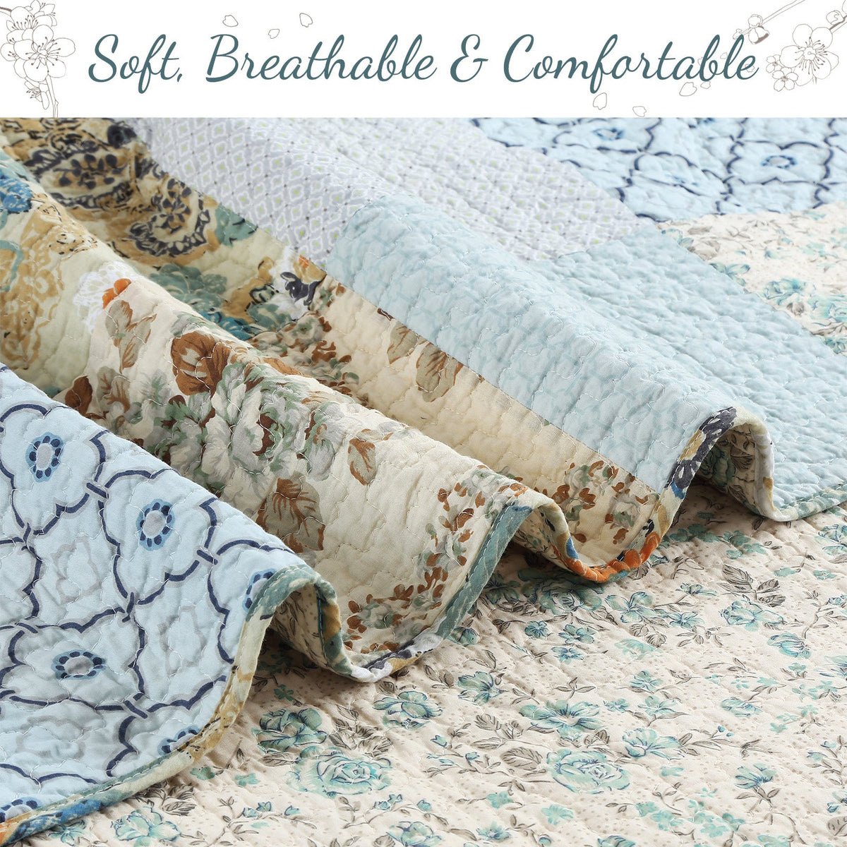 Quilt with soft quilted texture and floral panels in blue, cream, and warm tan tones