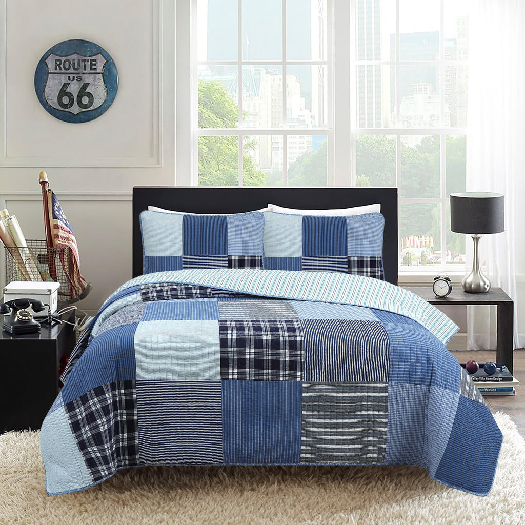 Blue patchwork reversible quilt bedding set with coordinated plaid and striped shams
