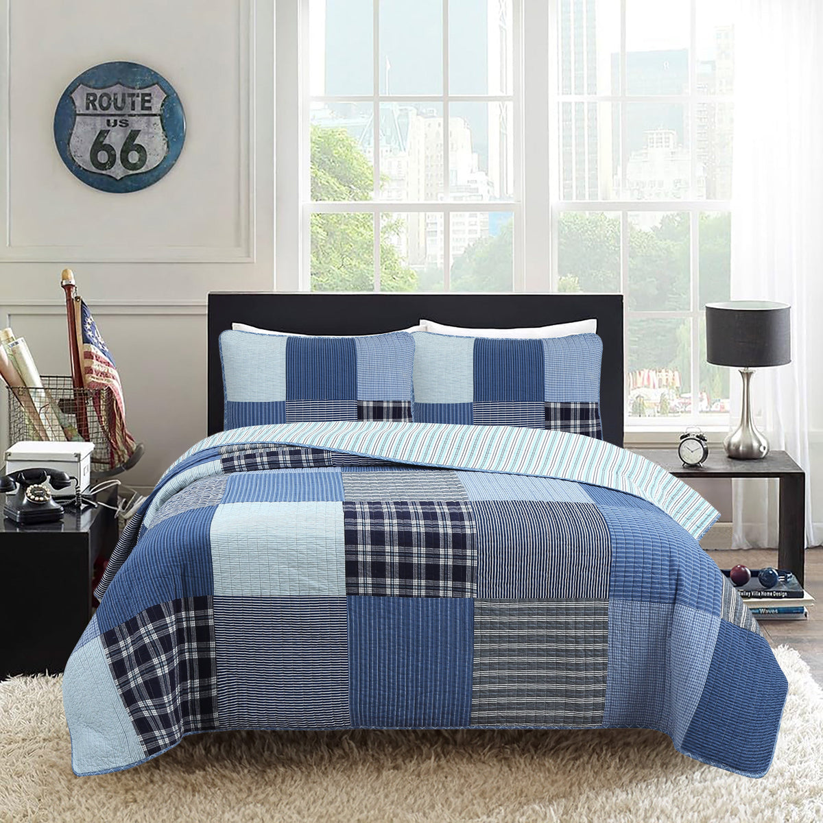 Blue patchwork reversible quilt bedding set with coordinated plaid and striped shams