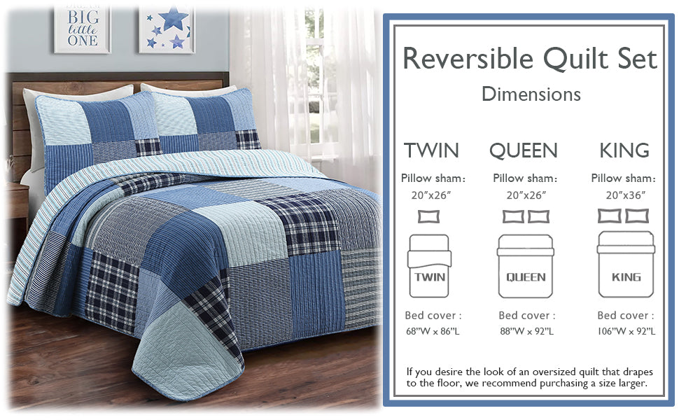Reversible quilt bedding set featuring blue plaid patchwork quilt and pillow shams