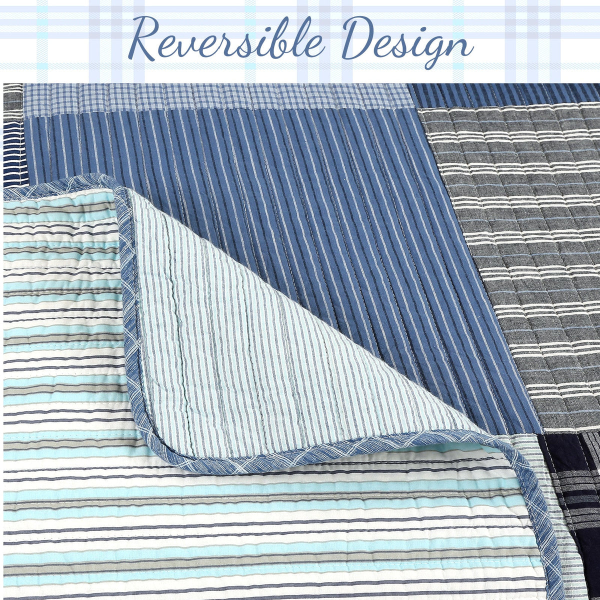 Reversible quilt bedding showing blue vertical stripes and light striped backing