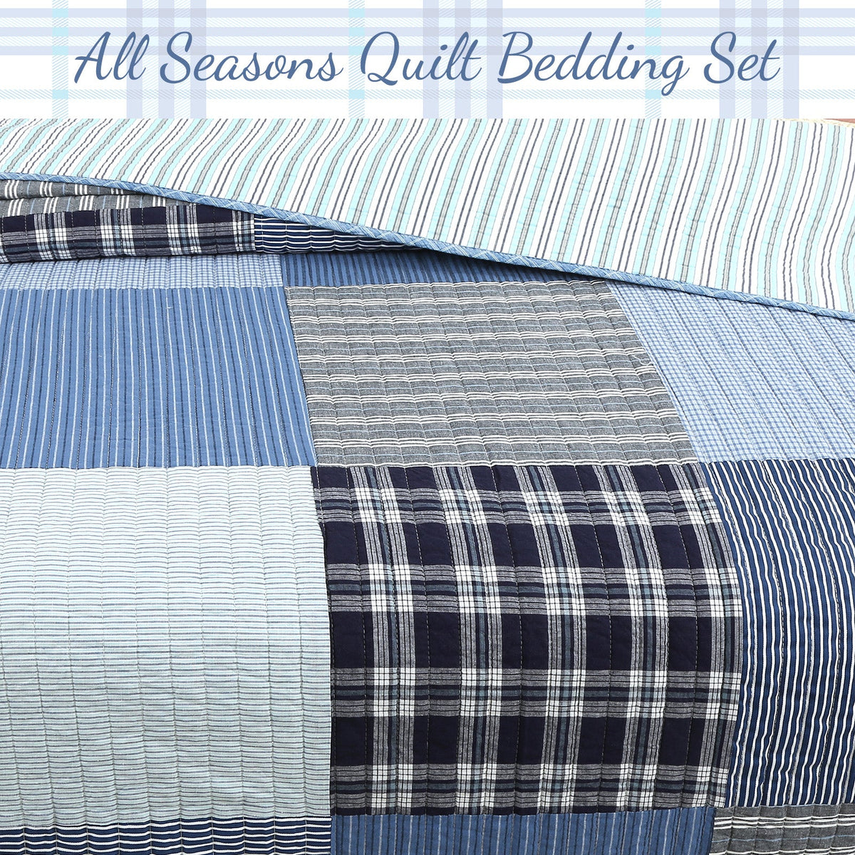 Blue patchwork quilt section with striped squares and black plaid center panel