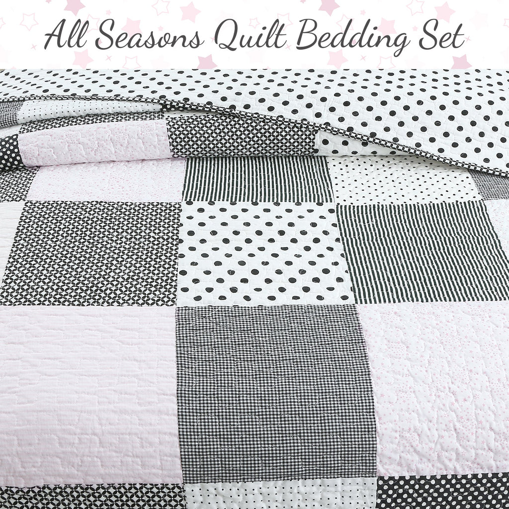 Patchwork quilt bedding set with black-and-white check, stripe, and polka-dot square blocks