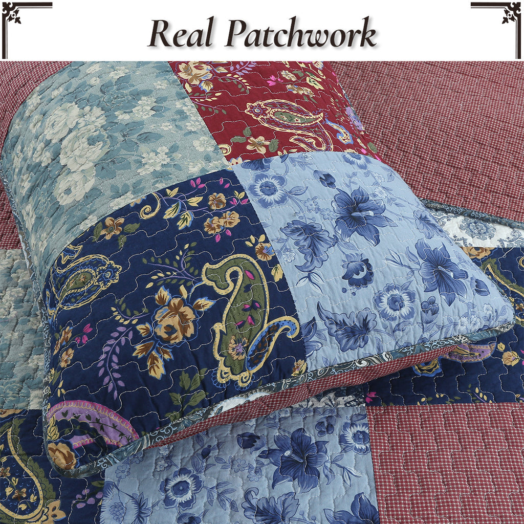 Blue and burgundy patchwork quilt top with floral paisley and gingham blocks