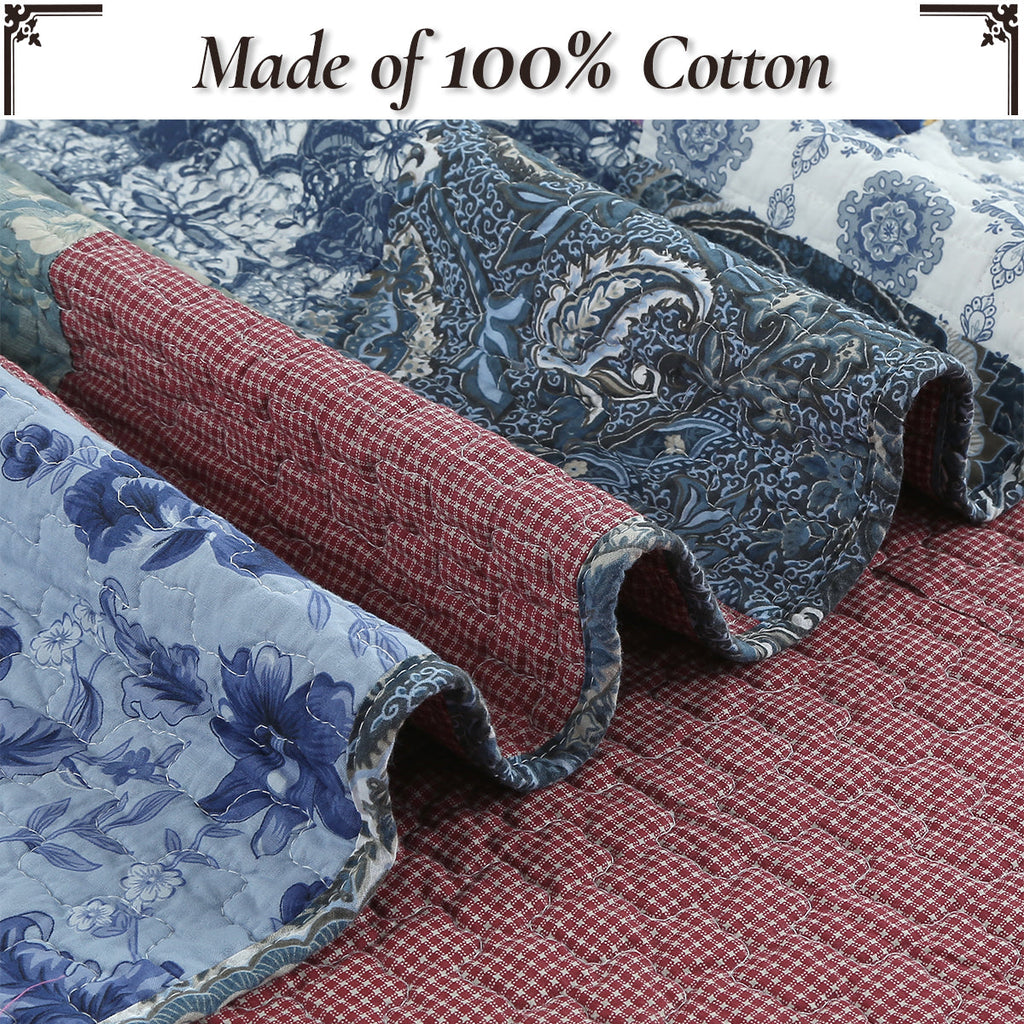 100% cotton quilt fabric view with blue paisley florals and burgundy check patch