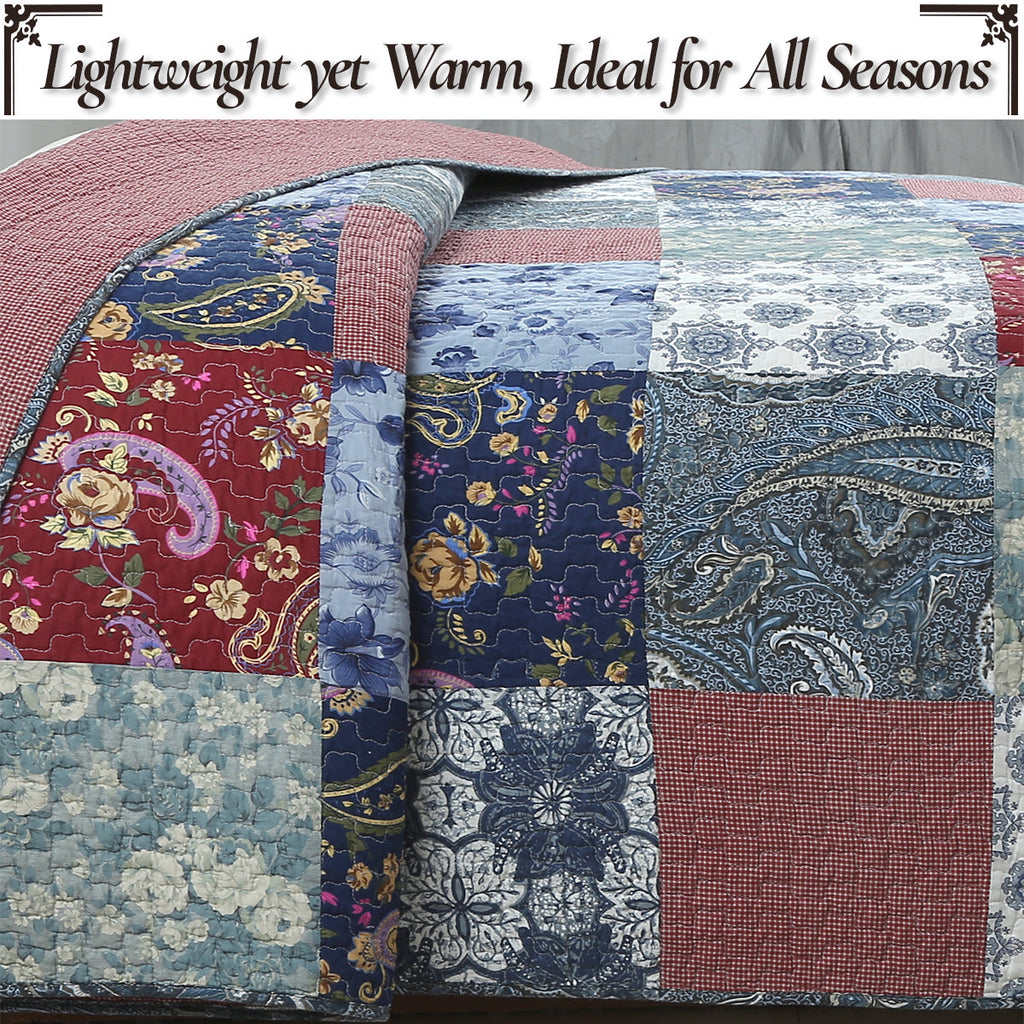 Patchwork quilt with blue, burgundy, and tan patch blocks in layered fabric rows