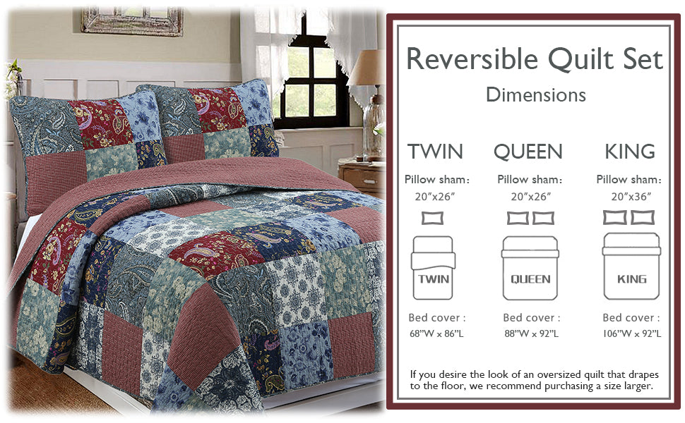 Reversible patchwork quilt set with blue and burgundy floral paisley and check dimensions