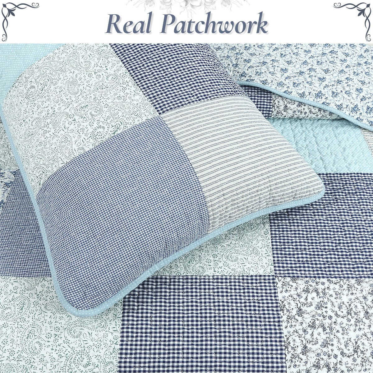 Close-up patchwork quilt with blue and white checkered, gingham, and floral fabric squares