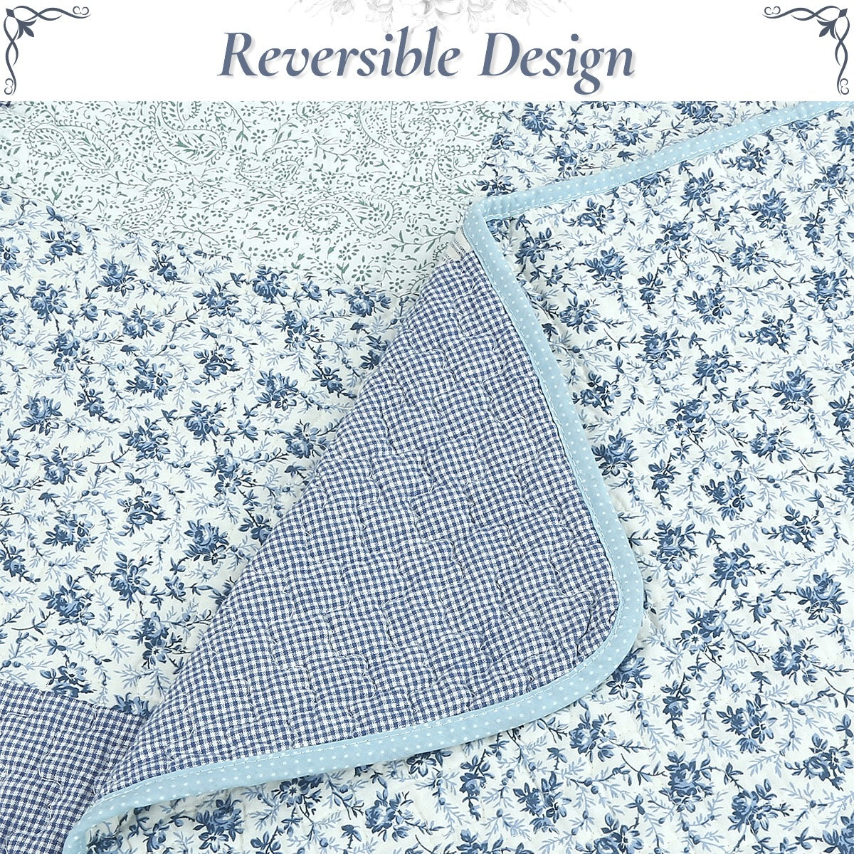 Reversible quilt panel with blue floral print on one side and checkered gingham on the other