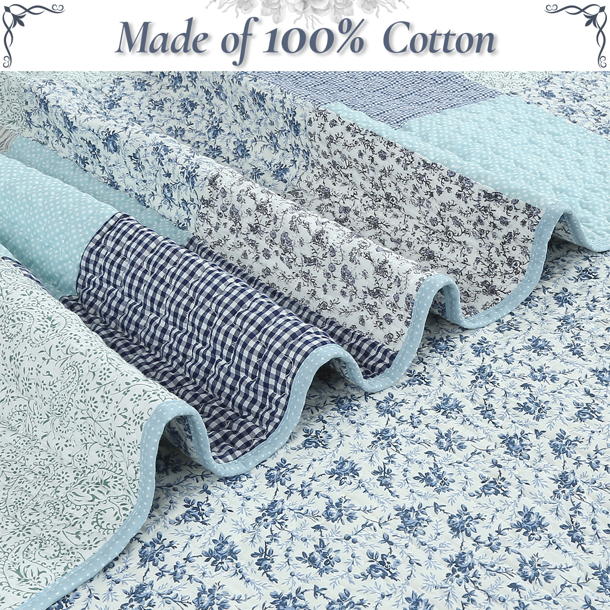 Quilt fabric close-up with blue floral print and dark-navy gingham patchwork strips
