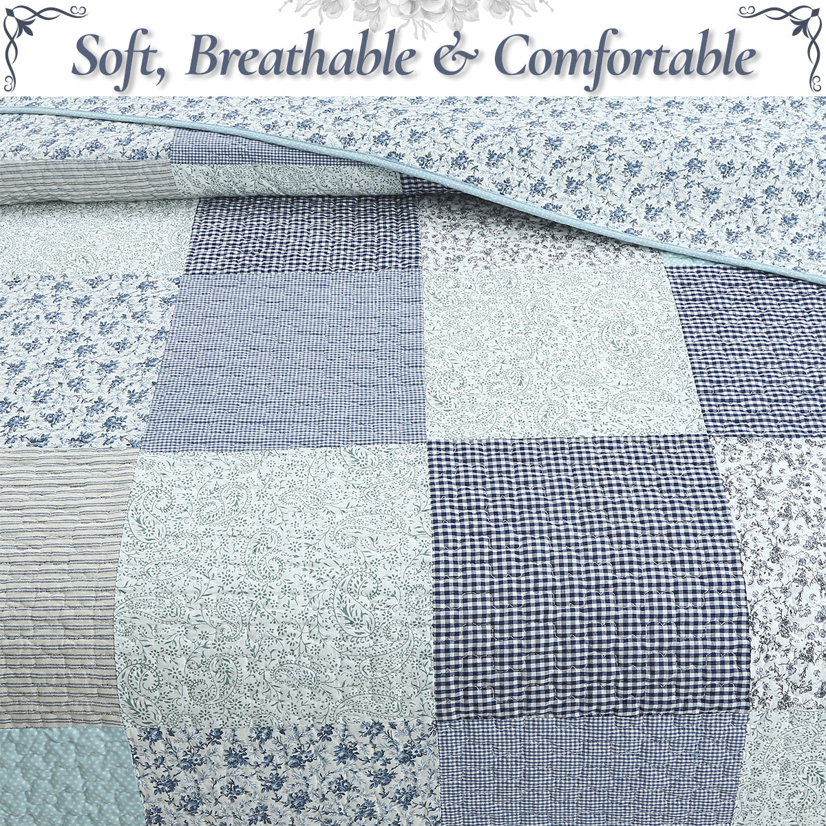 Blue and white patchwork quilt with stitched squares in gingham, floral, and textured fabrics
