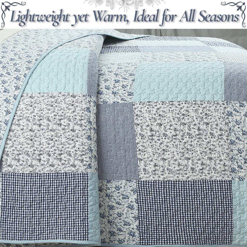 Lightweight patchwork quilt with turquoise and blue blocks, floral prints, and gingham panels