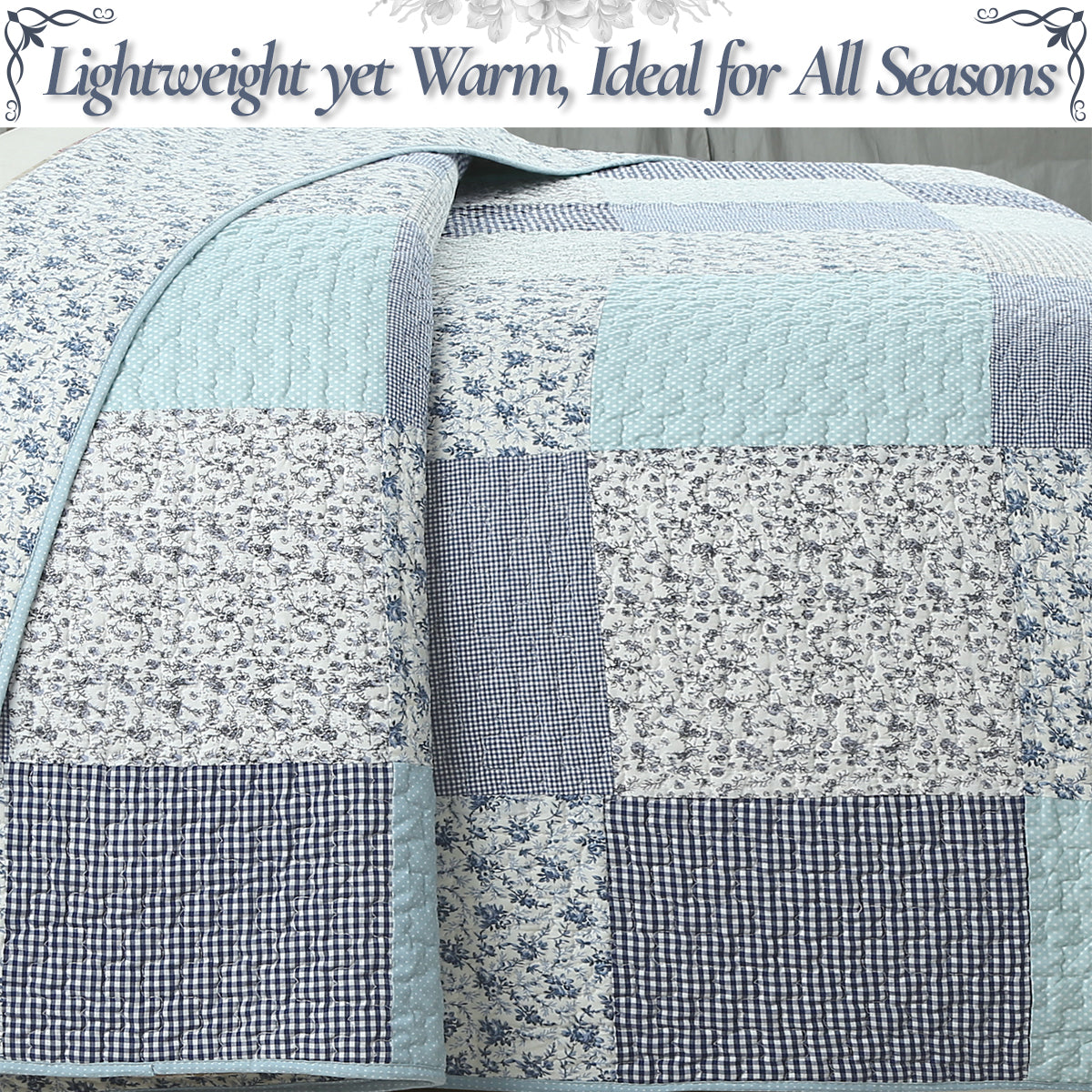 Lightweight patchwork quilt with turquoise and blue blocks, floral prints, and gingham panels
