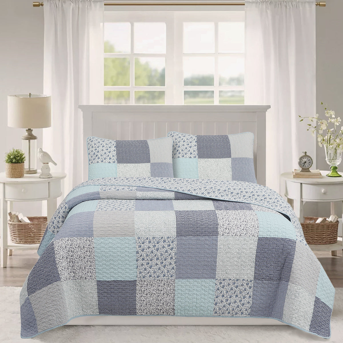 Blue patchwork cotton quilt bedding set with checkered and floral blocks, plus two shams