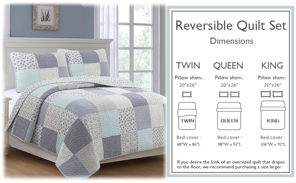 Reversible quilt set with blue patchwork design for twin, queen, and king sizes