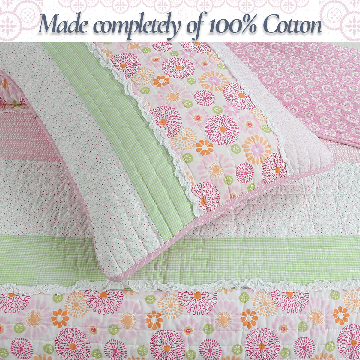 Pastel cotton quilt with floral print, green and pink stripes, and stitched edge