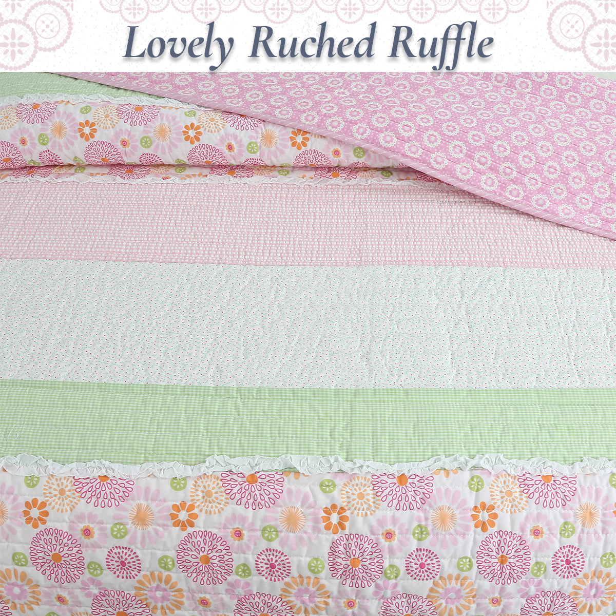 Pastel quilt with pink ruffled trim and floral stripe top edge