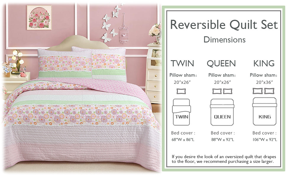 Reversible cotton quilt set on bed with pink, green, and floral stripe bedding