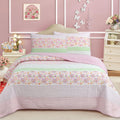 Cotton quilt bedding set with pink floral and pastel striped gingham design