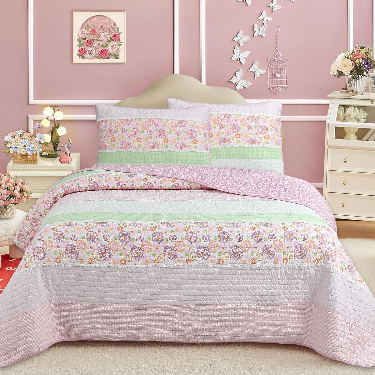 Cotton quilt bedding set with pink floral and pastel striped gingham design