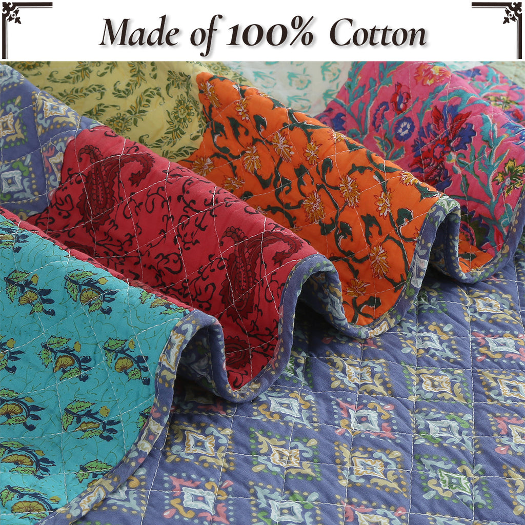 Stitched cotton quilt with layered patchwork blocks and colorful floral fabric motifs