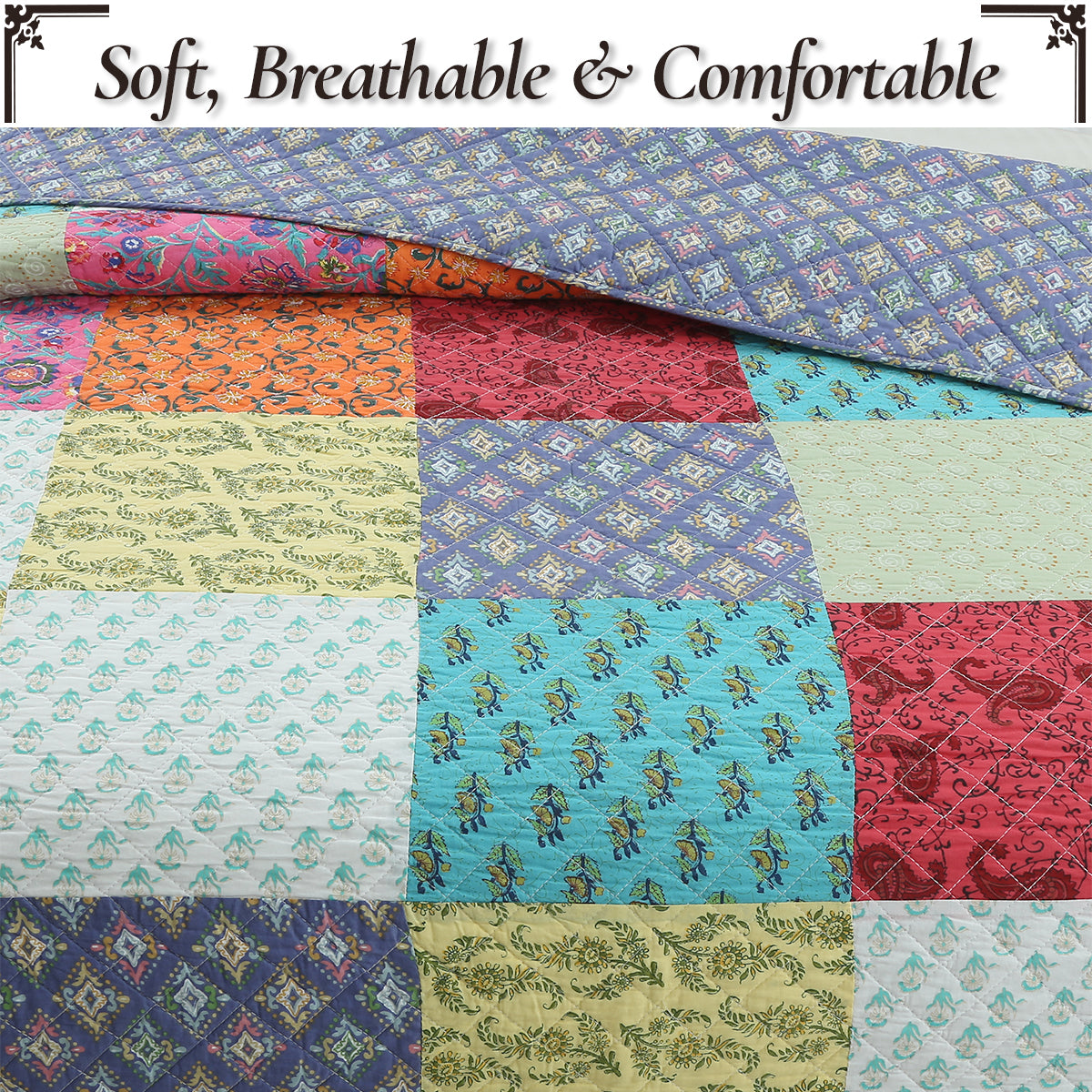 Flat quilt view with multicolor patchwork blocks in turquoise, pink, red, and green prints