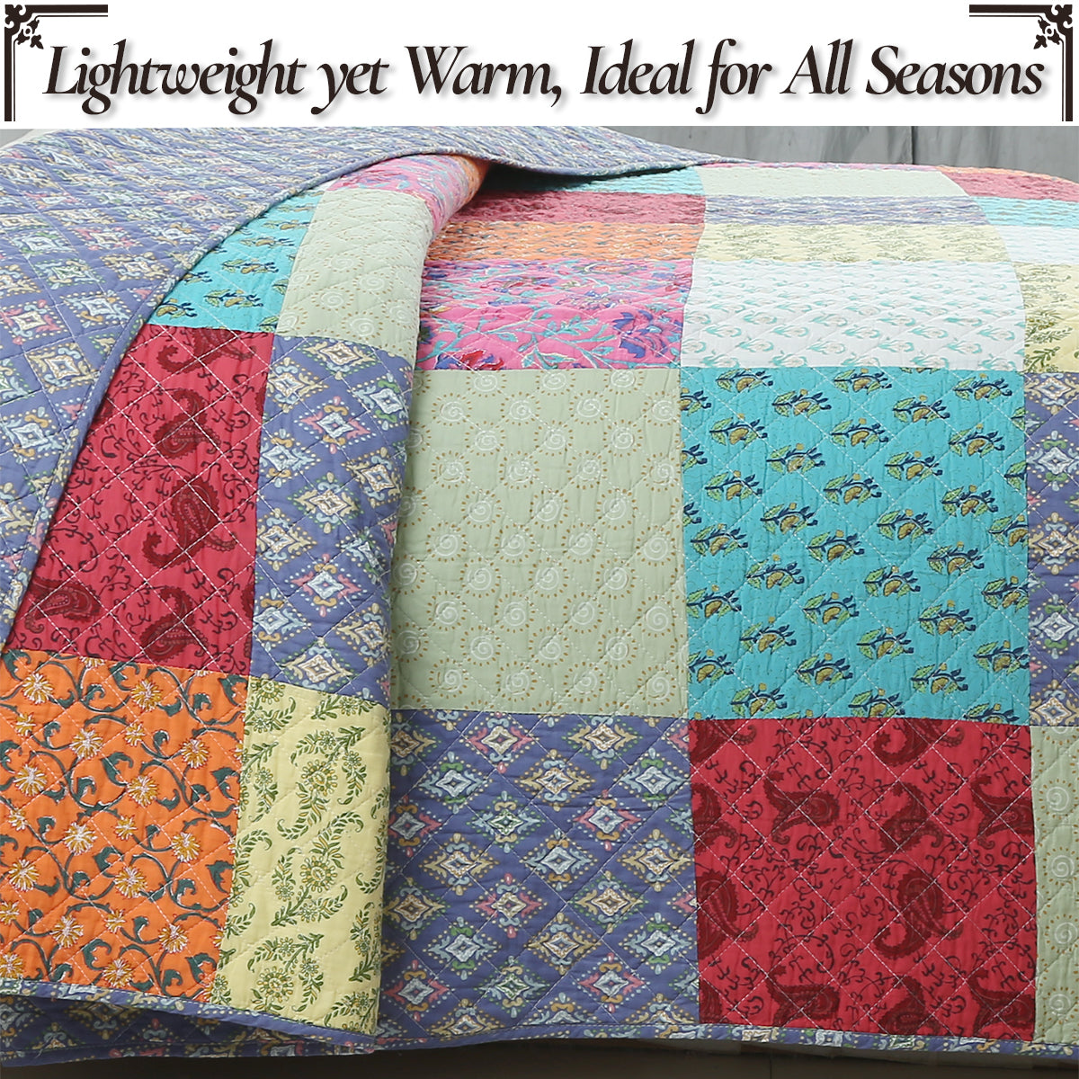 Quilt close-up showing pieced patchwork panels in pastel blue, red, and teal blocks