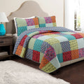 Multi-color patchwork cotton quilt bedding set with boho floral square patterns and shams