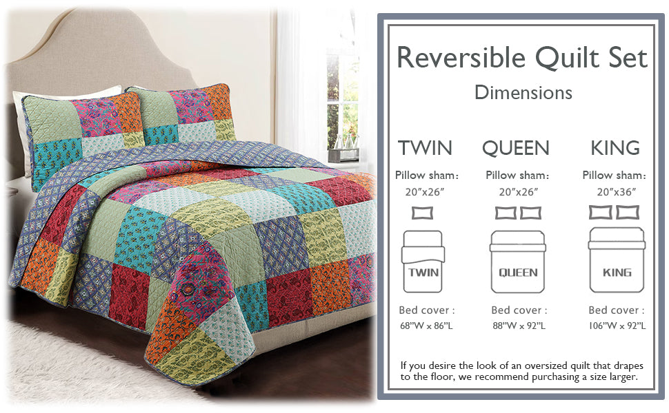 Quilt bedding set shown on a bed with bright patchwork top and matching pillow shams