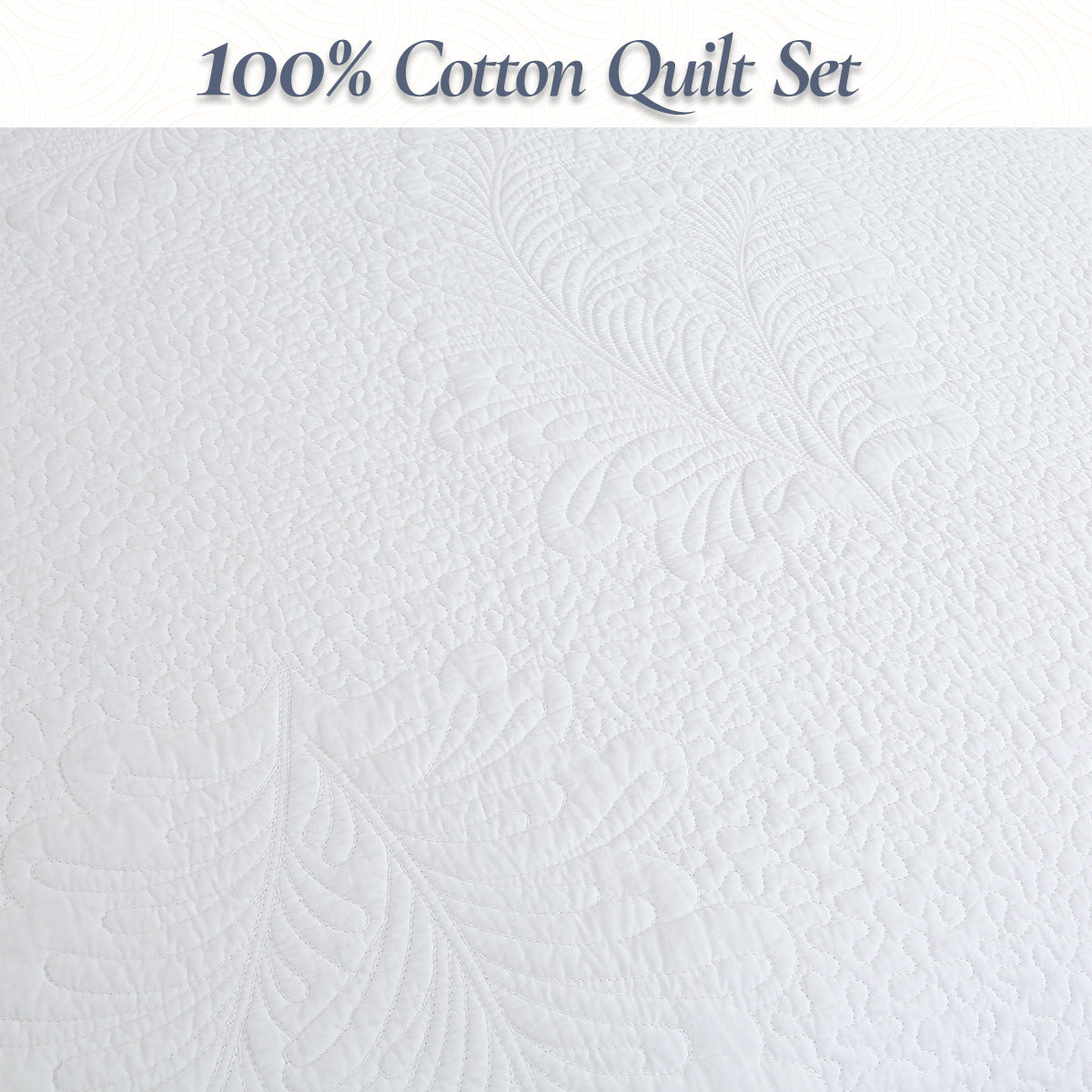 White 100% cotton quilt with raised palm leaf quilting texture
