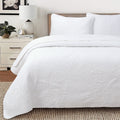 White cotton quilt bedding set with palm leaf stitched texture, 3-piece design