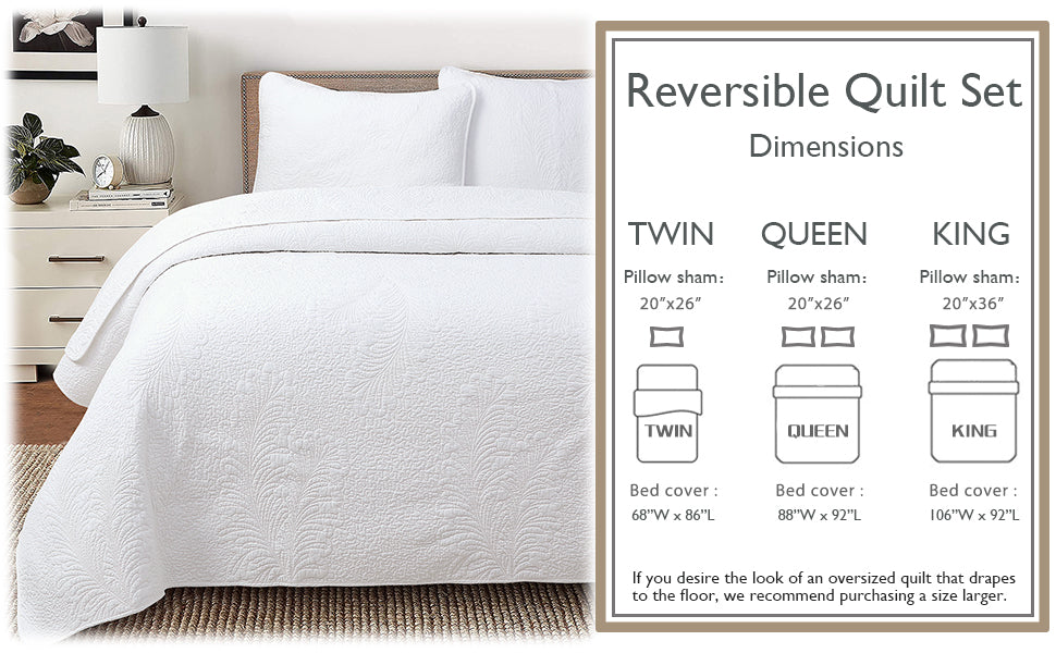 White quilt bedding set with quilt and pillow, reversible palm leaf quilting