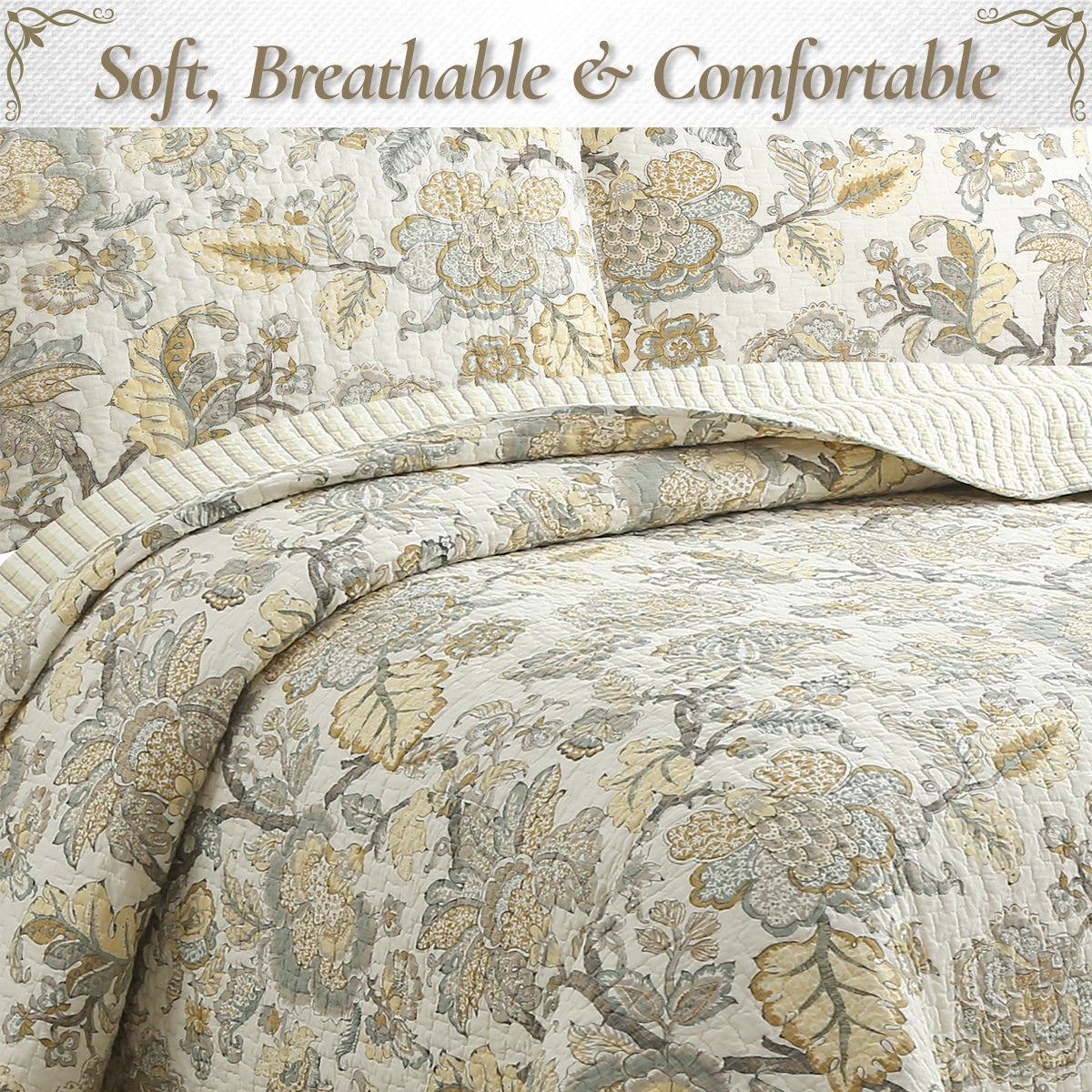 Floral quilt bedding with cream base and gold detail; quilted texture and stitched edge