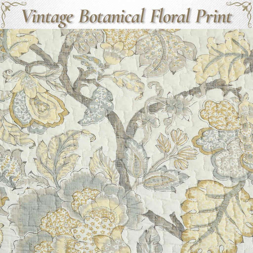 Vintage botanical floral quilt fabric in cream, light gray, and muted gold