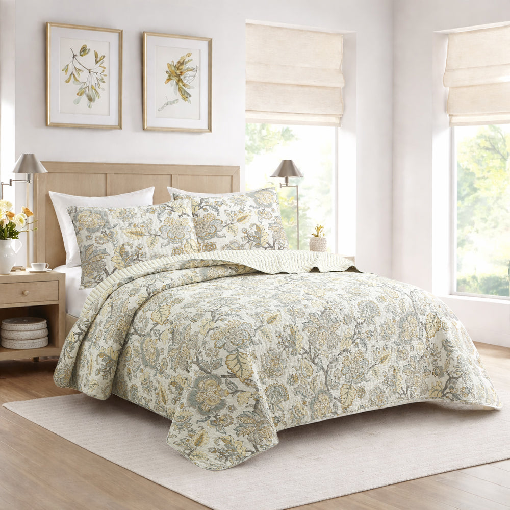 Quilt bedding set with botanical floral print, cream base with sage-gray and gold accents