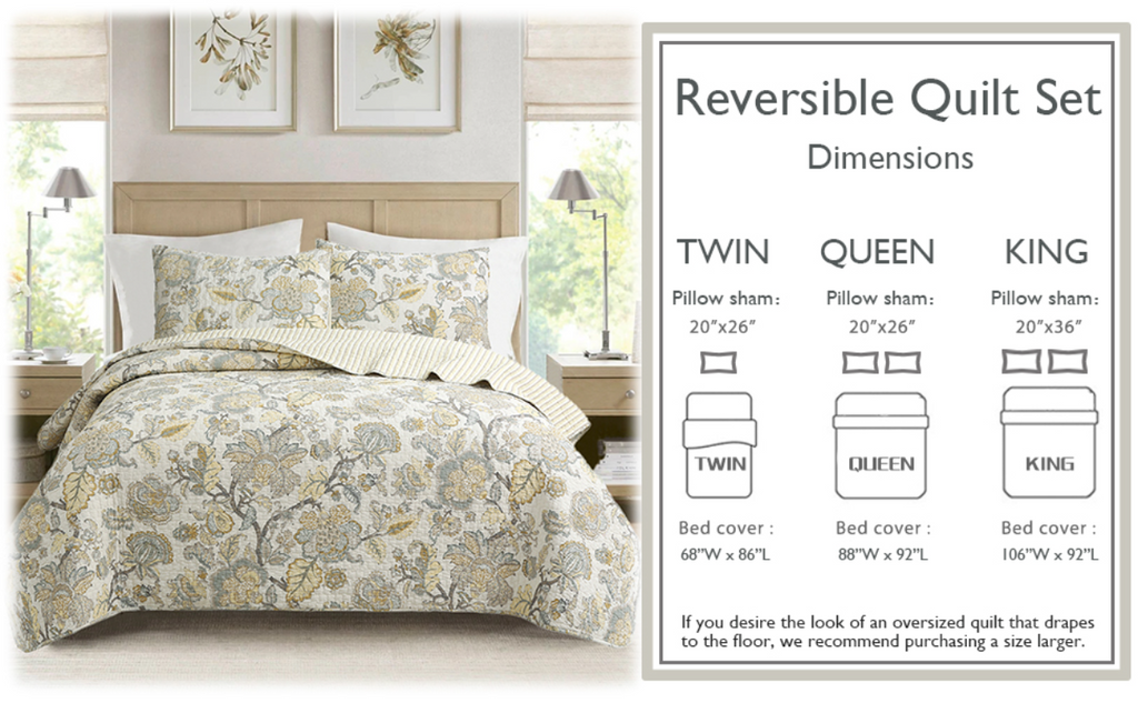 Quilt bedding set with botanical floral print; quilt and pillow shams in cream and gold