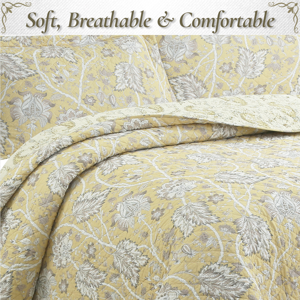 Light yellow floral quilt with soft padded texture and gray botanical print