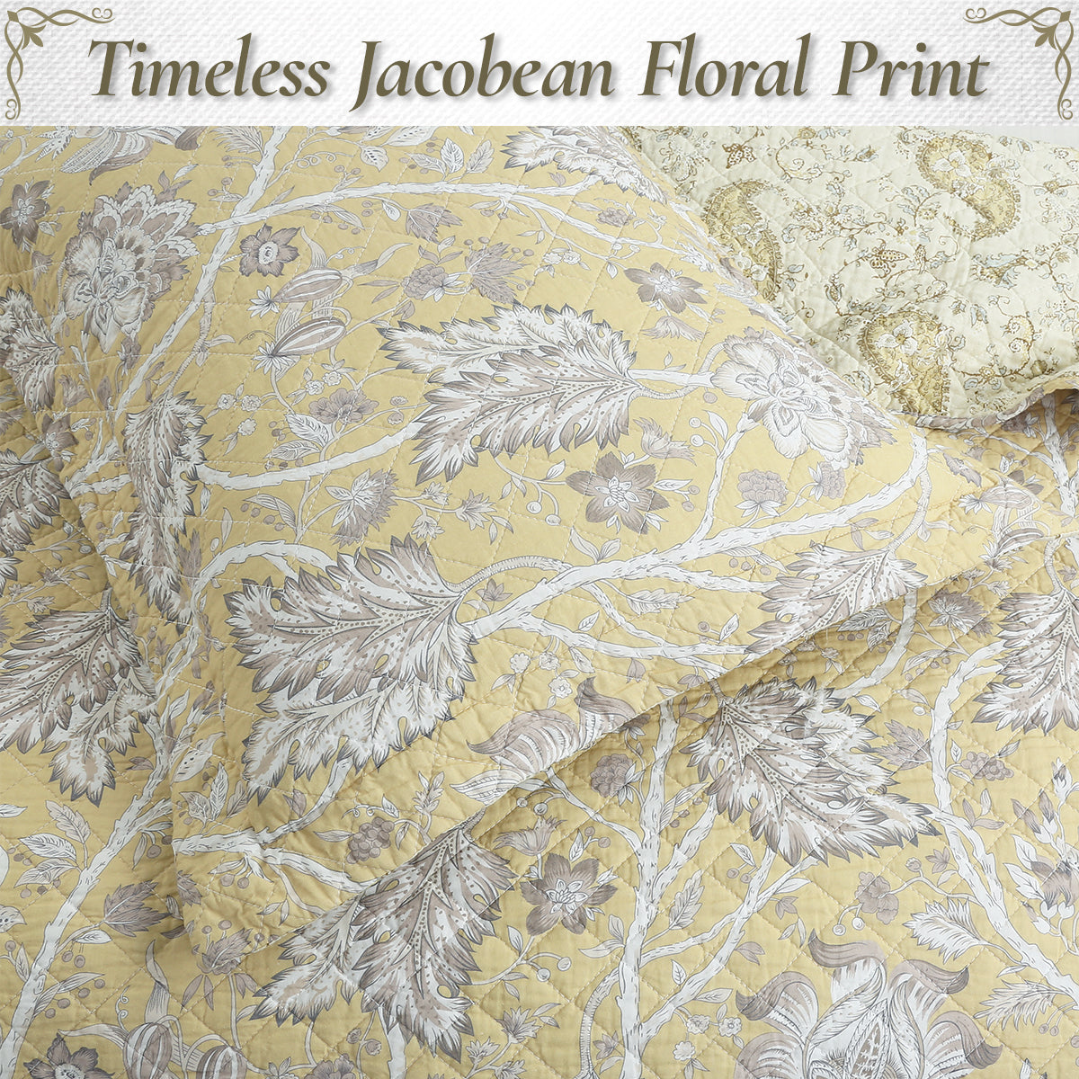 Light yellow cotton quilt with detailed gray leaf and flower floral pattern