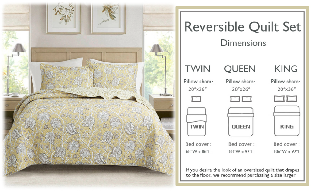 Reversible quilt set with light yellow and gray floral design and size options graphic