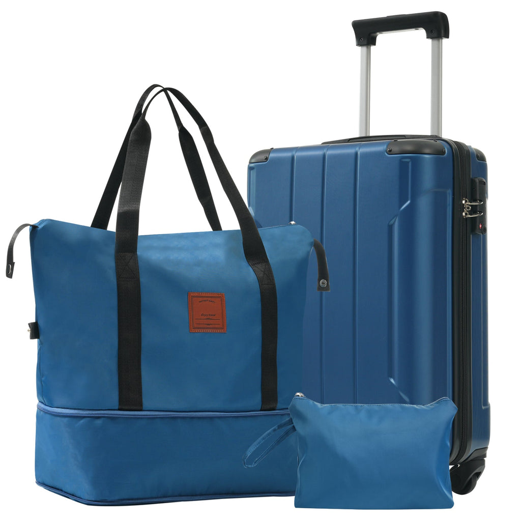 Blue duffel bag with black straps beside matching blue carry-on suitcase with wheels