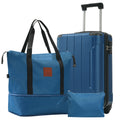 Blue duffel bag with black straps beside matching blue carry-on suitcase with wheels