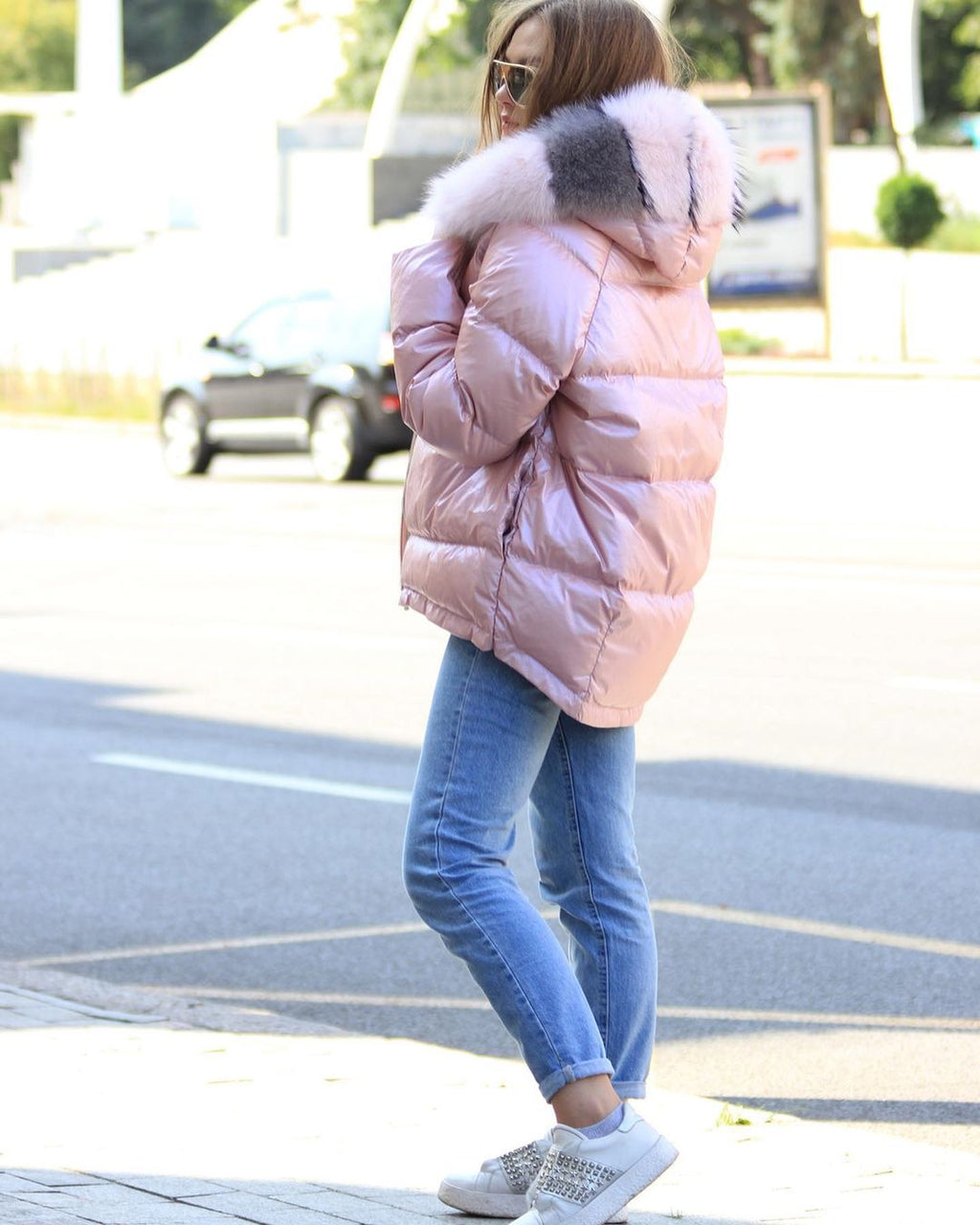 Reversible puffer down coat, pale pink back view with faux fur hood trim