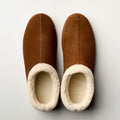 Honey-brown suede Ashton slipper with cream faux-fur lining and open toe