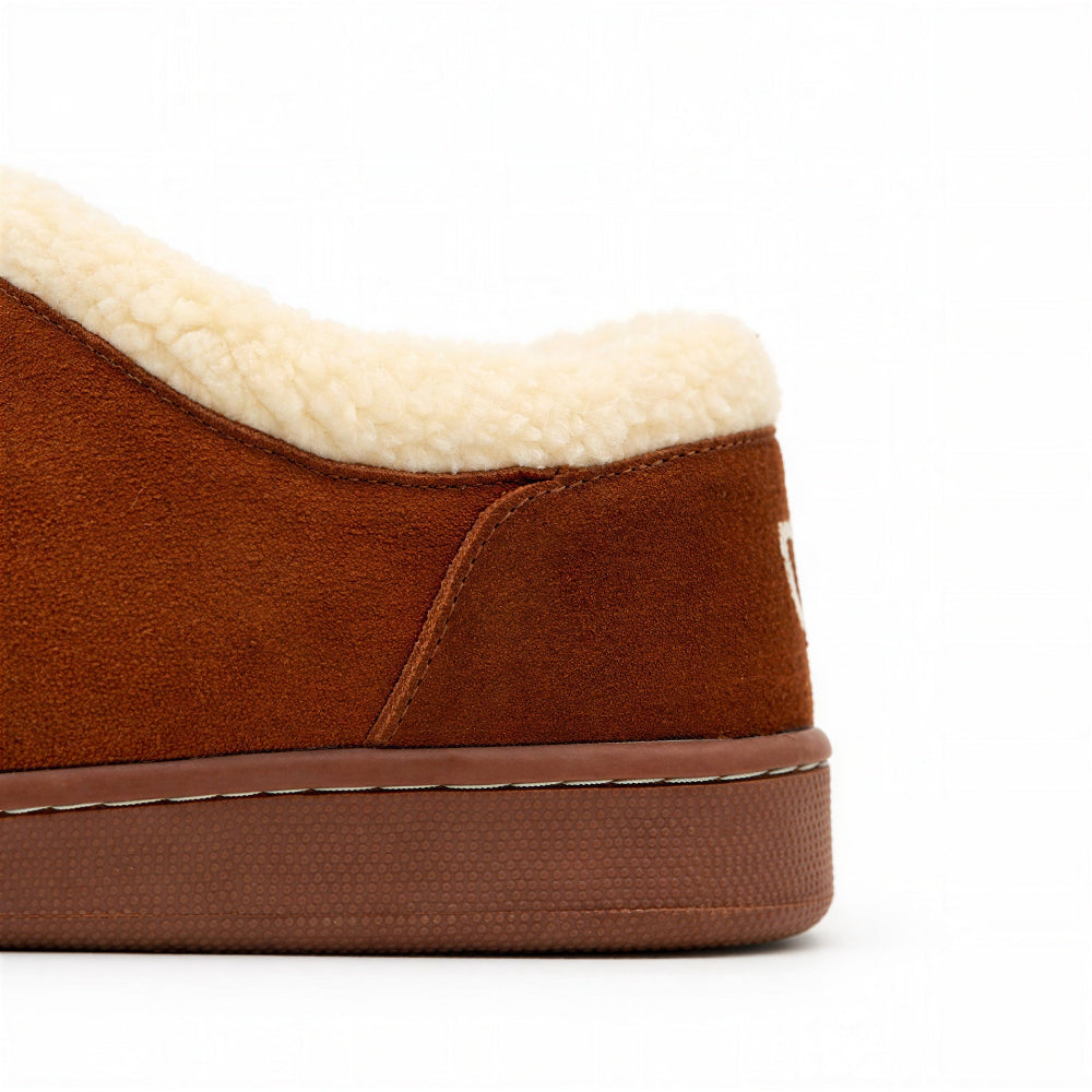 Honey-brown Ashton slipper heel and side view with cream sherpa edging