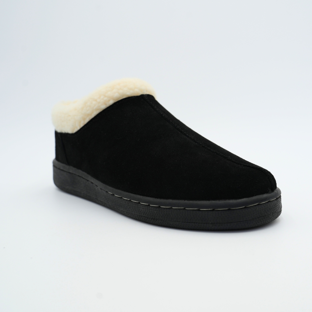 Men's black suede slipper with cream sherpa collar and thick dark sole